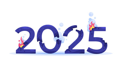 a concept of crisis and destruction in the year 2025. the impact of riots and disasters. bankrupt and collapse. illustration of a broken, cracked, damaged, and burned number 2025. flat style design