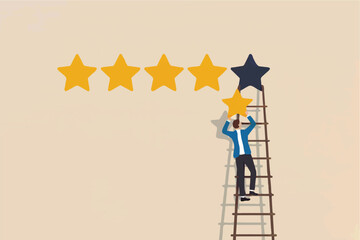 Man climbing ladder to place a star isolated on transparent background