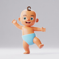 Happy 3D baby in a blue diaper waving and standing on one foot, smiling brightly on a light background.    AI Generated.