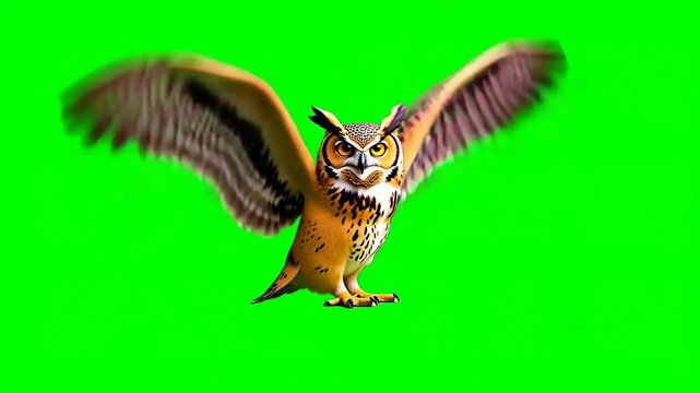 Owl flaps its wings and runs away from the frame, , isolated on green screen, chroma key, footage,  cartoon, mockup