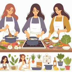 Three women cooking various dishes with fresh ingredients, surrounded by kitchen utensils and healthy food items in a flat illustration style.