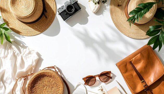Retro-inspired fashion items featuring a hat, sunglasses, and a camera on a white table