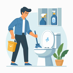 A man is cleaning a toilet with a brush and bucket, with cleaning supplies on a shelf and a plant nearby.