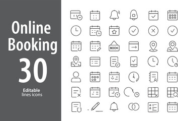 Online Booking Line Icons, Calendar, Ticket, Hotel, Flight, Seat Reservation, Confirmation, and More , Editable Formats: AI, EPS, JPG, PNG , Ideal for Both Digital and Print Use