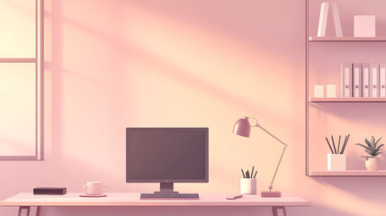 Chic minimalist video call background in pale rose tones, industrial-style shelving, compact office desk with modern accessories, and balanced ambient lighting