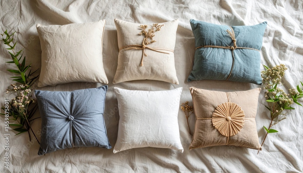 Poster unique flat lay of four linen pillows bound together with natural string on soft surface