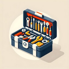 Open toolbox icon with visible hardware items and tidy compartments presented in flat design on clean muted backdrop