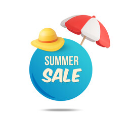 3d summer sale label or bag with beach hat and umbrella icon, isolated on white background. Summer sale banner tag in 3d vector. Vector illustration
