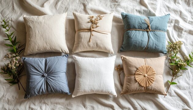 Unique flat lay of four linen pillows bound together with natural string on soft surface
