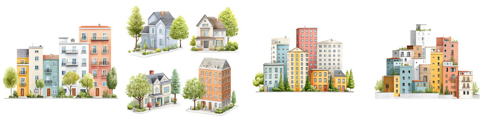 Watercolor Cityscape Collection: Townhouses, Houses and Buildings