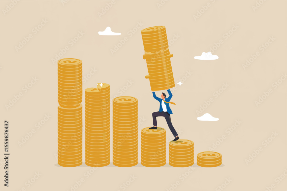 Poster man carrying stack of gold coins on a bar chart isolated on transparent background