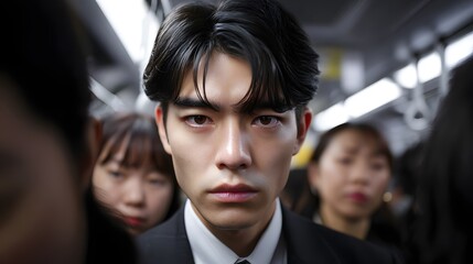 Serious young Asian man riding as a passenger on public transport.