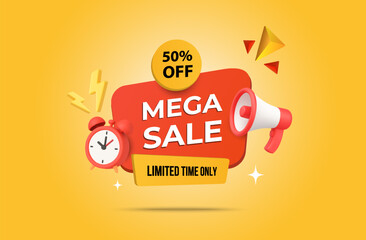 3d limited mega sale label or badge with megaphone and alarm clock, isolated on yellow background. Mega sale banner template in 3d vector. Vector illustration