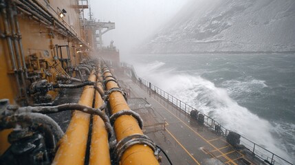 An image of the urea storage tank on a ships deck featuring a safety spill containment tray with hoses and fittings securely connected set against a backdrop of rugged maritime weather