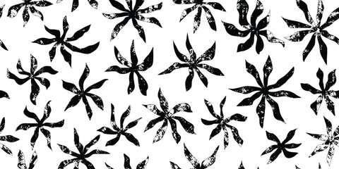 Floral seamless pattern, flowers and leaves, vector design, black isolated on white background