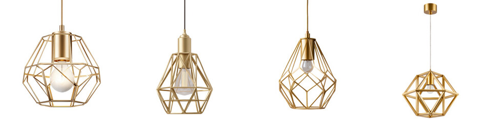 Collection of Golden Geometric Pendant Lights on White Background