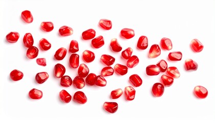 Scattered Pomegranate Seeds on White Background Healthy Lifestyle Concept.