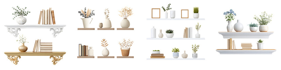 Decorative Shelves with Books, Vases, and Plants Isolated on White