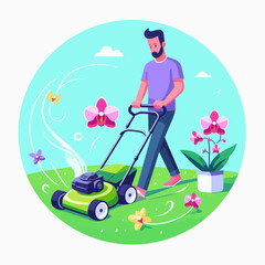 A man with a beard mows a vibrant green lawn surrounded by colorful pink and yellow flowers under a clear blue sky.