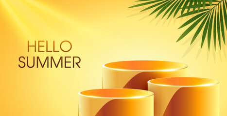 3d Hello summer podium banner template with palm leaf effect, isolated on background. Summer sale product display stage background in 3d vector. Vector illustration