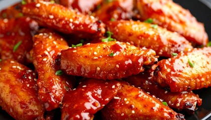 Fototapeta premium Delicious Glazed Chicken Wings with Sesame Seeds and Herbs.