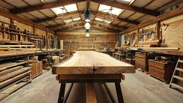 Spacious woodworking shop featuring a large wooden slab on a table, surrounded by tools and equipment