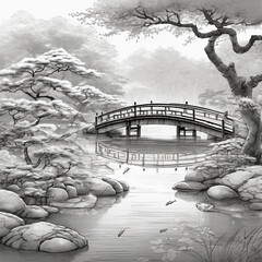 Japanese Garden at Dawn: Global Illumination in Pencil Sketch Style