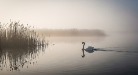 A white swan swims peacefully on a misty lake at dawn, reeds reflected in the calm water