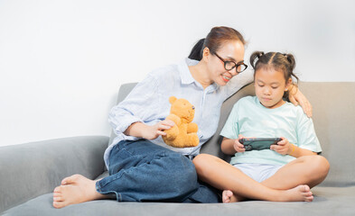 Device technology family online education concept. Happy family with digital devices at home.