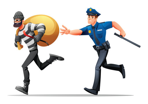 Police officer reaching out to catch a running robber with a bag of stolen goods. Vector cartoon illustration