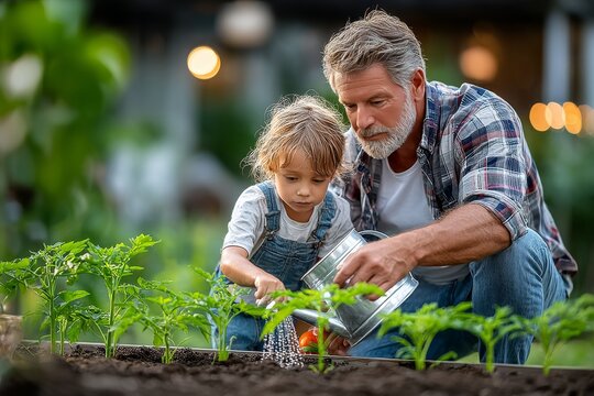  Un abuelo riega plantas junto a su nieta en un huerto al atardecer. Ambos est&aacute;n concentrados y disfrutan del trabajo compartido.
