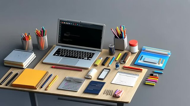 A modern workspace featuring a laptop, stationery, and organizational tools on a wooden desk