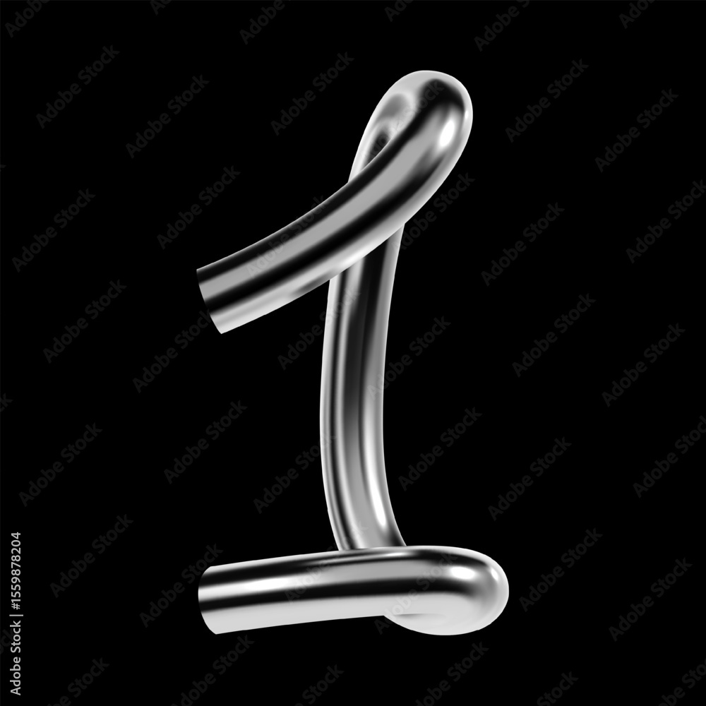Poster glossy chrome number one rendered as digit 1, 3d metallic symbol in y2k style, isolated typography e