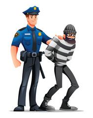 Police officer holding a detained robber, symbolizing law and order being upheld. Vector cartoon character illustration
