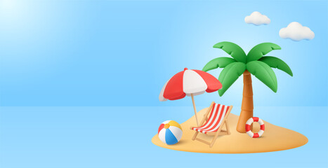 3d hello summer travel background with palm tree, beach chair and umbrella, beach ball and life buoy on sand, isolated on background. Vector illustration