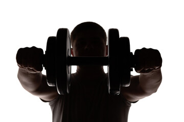silhouette of dumbbell in hands of a man on white isolated background, core muscle training, sport and health concept