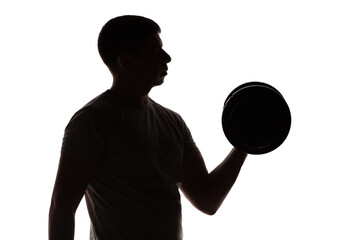 silhouette of man with dumbbells on white isolated background, core muscle training with heavy weight, sport and health concept