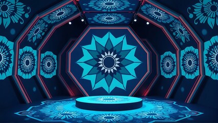 Abstract blue mandala room with display podium