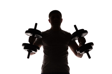 silhouette of man with dumbbells on white isolated background, core muscle training with heavy weight, sport and health concept