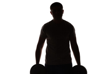 silhouette of man with dumbbells on white isolated background, core muscle training with heavy weight, sport and health concept