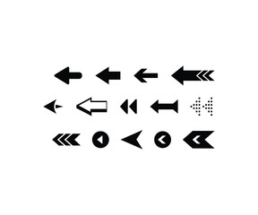 A collection of left-pointing arrow icons in different styles, including solid, outlined, triangular, circular, chevron, and pixelated designs. Ideal for use in UI/UX design, web navigation, mobile ap
