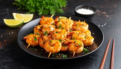 Fototapeta premium Delicious Grilled Shrimp Skewers on Black Plate.