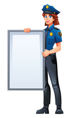Female police officer holding a blank vertical white sign, ready for your custom message. Vector cartoon character illustration