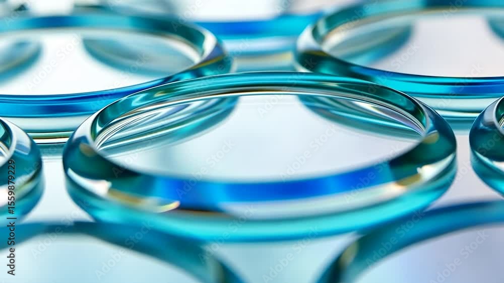 Poster close-up view of multiple transparent petri dishes.