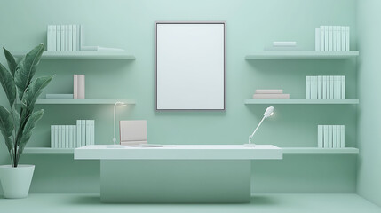 Stylish minimalist office space in a pastel sage color palette, sleek floating bookshelves, white minimalist desk and pastel decor accents, soft ambient lighting and a single framed artwork