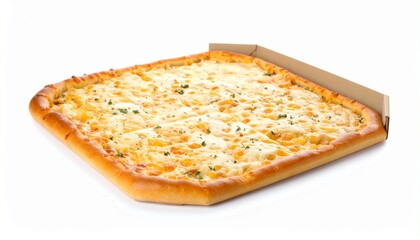 Delicious Four Cheese Pizza in Cardboard Box Isolated on White Background.
