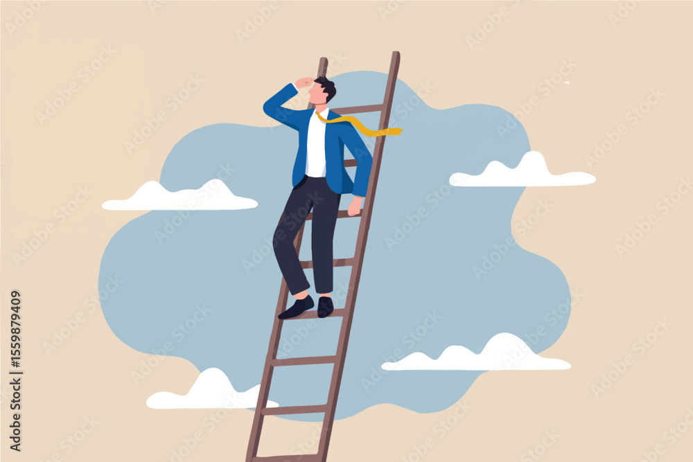 Poster man on ladder looking out isolated on transparent background