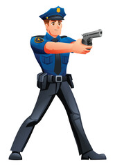 Police officer holding a handgun in a ready and defensive stance, ensuring public safety. Vector cartoon character illustration
