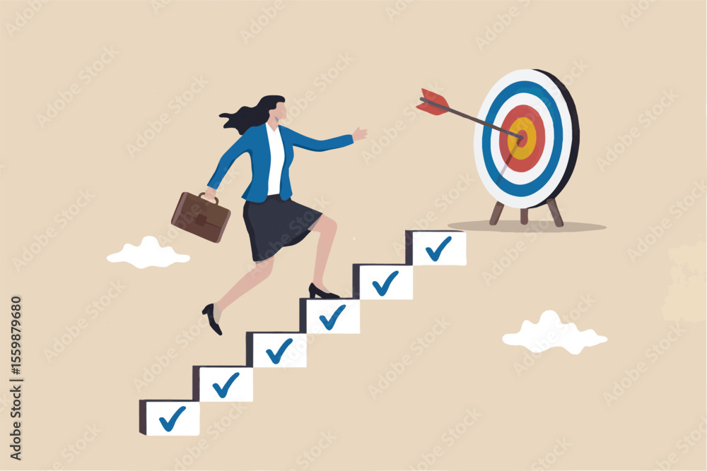 Poster businesswoman climbing stairs with checkmarks towards a target with an arrow isolated on transparent