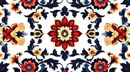 Modern Decorative Floral Seamless Pattern - 2D Flat Design with Ornamental Leaves, Botanical Motifs, Vibrant Red Yellow Blue Color Palette for Textile Wallpaper Packaging Digital Art PS Material